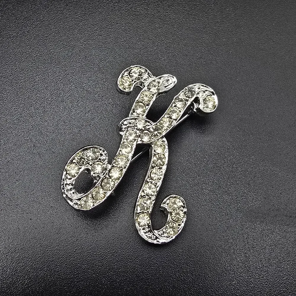 Rhinestone Letter K Brooch Silver Tone Vintage Costume Jewelry